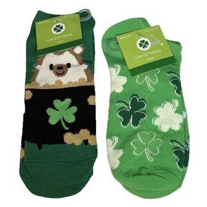 Set of 2 St Patrick’s Day Low Cut Leprechaun Shamrock Green Socks For Women NEW!